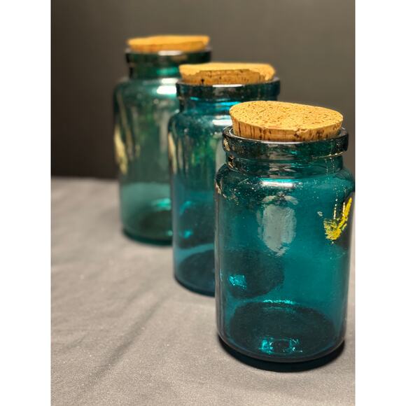 Set of 3 Vintage Teal Glass Jars with Original Cork Stoppers–6.5", 7.5", 8" Tall - Picture 5 of 12